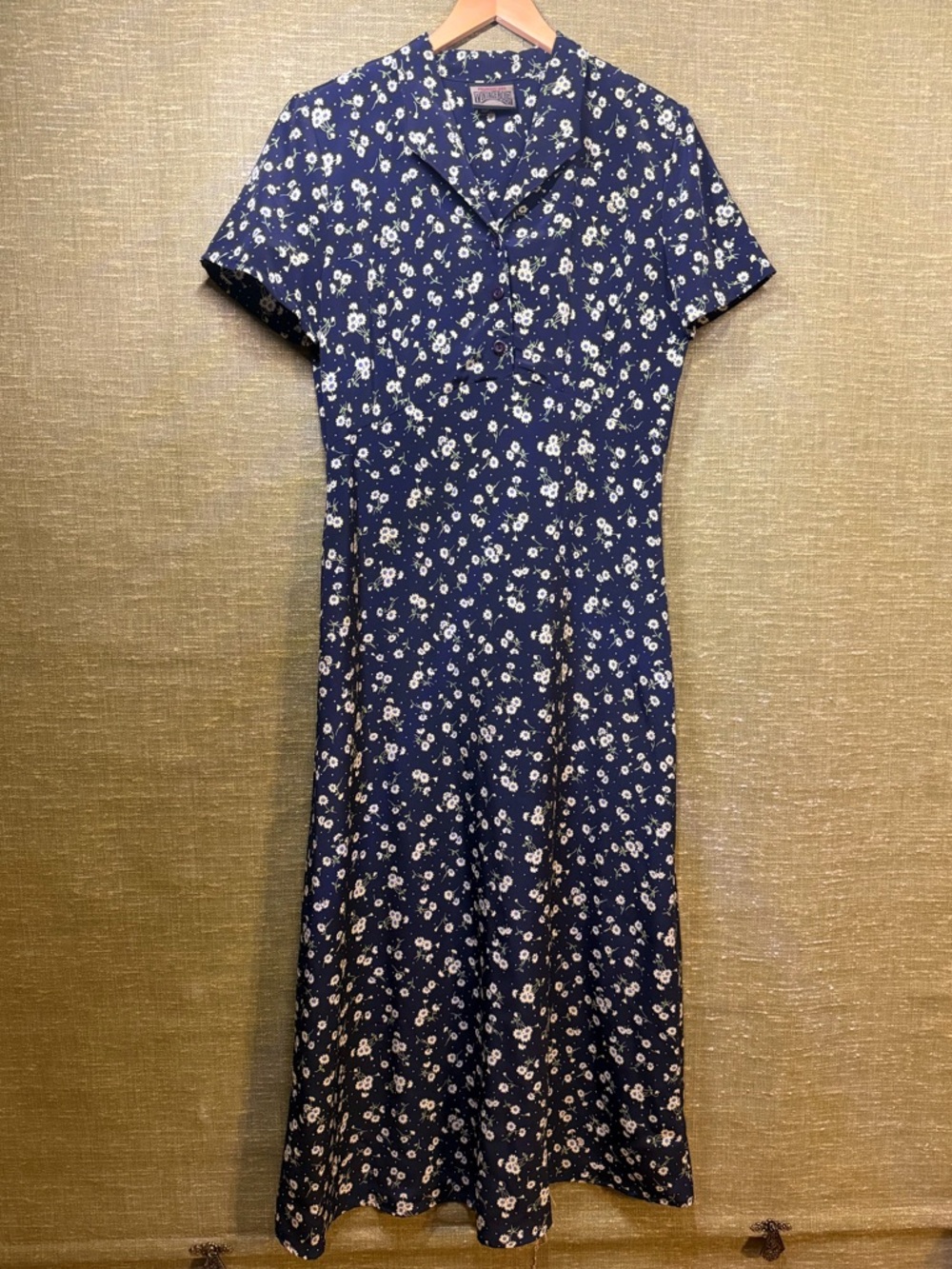 Classic Navy Floral Notch-Collar Midi Dress